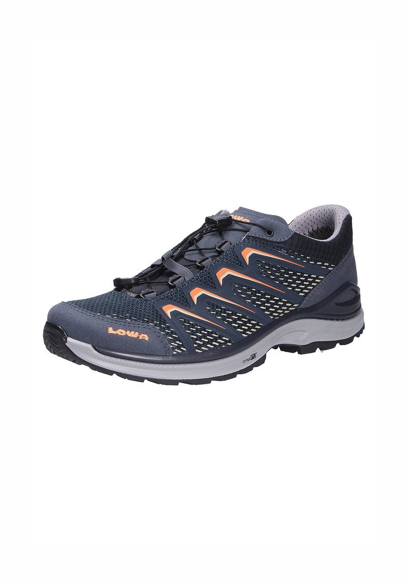 Herenatletiekschoen met een bovenwerk van mesh in marineblauw en grijs, heeft oranje accenten en een veterloos ontwerp voor gemakkelijk aan- en uittrekken.