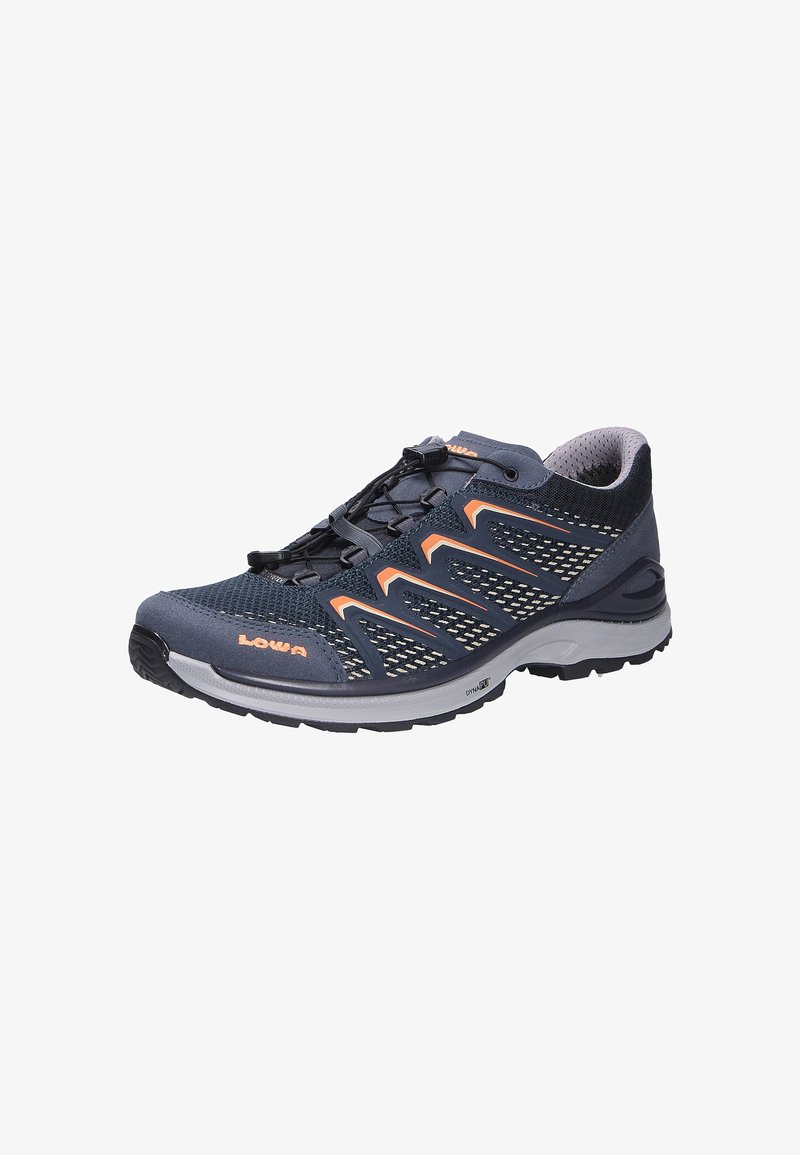 Herenatletiekschoen met een bovenwerk van mesh in marineblauw en grijs, heeft oranje accenten en een veterloos ontwerp voor gemakkelijk aan- en uittrekken.