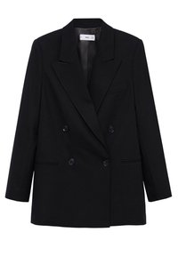 Blazer noir croisé à revers crantés, manches longues et deux poches avant, présenté sur un fond blanc.
