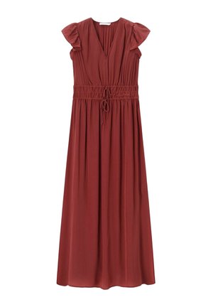 Robe maxi couleur rouille avec col en V, manches volantées et taille froncée avec cordon de serrage.