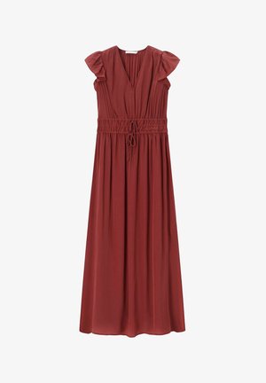 Robe maxi couleur rouille avec col en V, manches volantées et taille froncée avec cordon de serrage.