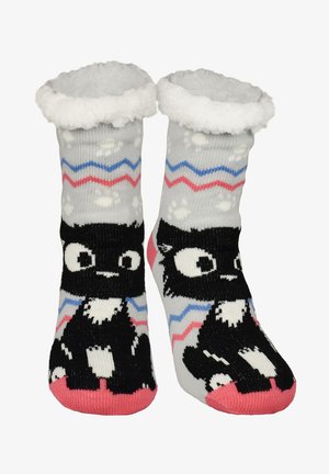 Two gray socks with a fluffy white cuff, featuring a black cat design, accented with blue and pink zigzag stripes and paw prints.
