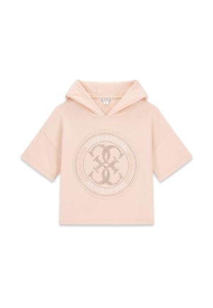 Lichtroze cropped hoodie met korte mouwen, voorzien van een geperforeerd cirkelvormig logo en de tekst "Guess Est. 1981 Los Angeles" aan de voorkant.