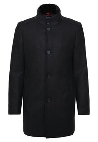 Manteau en mélange de laine noire avec un col montant, six boutons sur le devant et des poches latérales. Tissu texturé avec une doublure intérieure lisse et chaude.