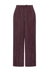 Pantalons amples de couleur bordeaux profond avec des rayures blanches verticales. Dotés d'une taille élastique avec cordon de serrage. Fini en tissu texturé.