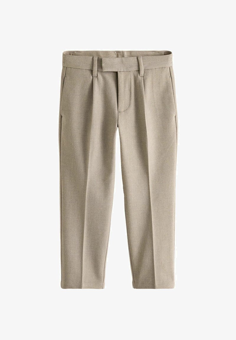 Beige maßgeschneiderte Hose aus strukturierter Stoff, mit flachem Frontbereich, Gürtelschlaufen und Seitentaschen, in schlanker Passform.