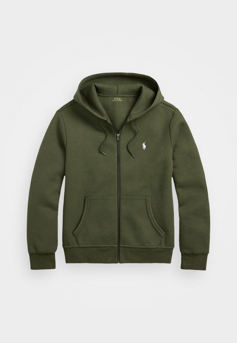 Sudadera con cremallera en verde oliva, hecha de tejido suave, con un bolsillo canguro, capucha con cordón y un pequeño logo en el pecho.