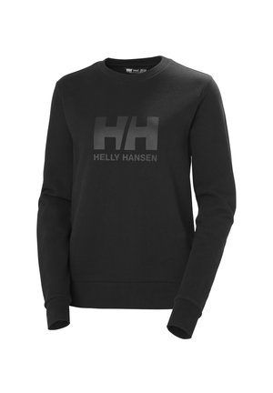 Černá mikina s kulatým výstřihem a dlouhými rukávy. Na přední straně je výrazné šedé logo "HH" a text "HELLEY HANSEN".