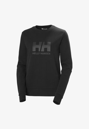 Sudadera negra con cuello redondo y mangas largas. Presenta un destacado logo gris "HH" y el texto "HELLEY HANSEN" en la parte frontal.