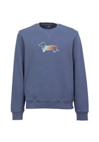 Blaues Sweatshirt mit Rundhalsausschnitt und langen Ärmeln. In der Mitte befindet sich ein buntes Dackel-Graphic. Hergestellt aus weichem Stoff.
