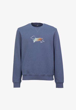 Modra majica s dolgimi rokavi in krožnim izrezom. V središču je barvit grafični prikaz dachshunda. Narejena je iz mehkega blaga.