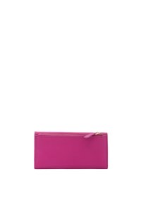 Portafoglio rosa in pelle liscia, forma rettangolare, con chiusura a zip e una piccola linguetta in pelle sulla zip.