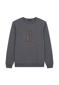 Szary sweatshirt z aplikowanym litera "H" w pomarańczowym ściegu i słowem "HARPER" poniżej. Wykonany z materiału z mieszanki bawełny, o luźnym kroju.