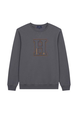 Sweatshirt gris con una letra "H" en relieve de hilo naranja y la palabra "HARPER" justo debajo. Fabricado con material de mezcla de algodón, de corte relajado.