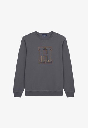 Sweatshirt gris avec une appliqué de la lettre "H" en couture orange et le mot "HARPER" en dessous. Fabriqué en matériau mélangé de coton, coupe décontractée.