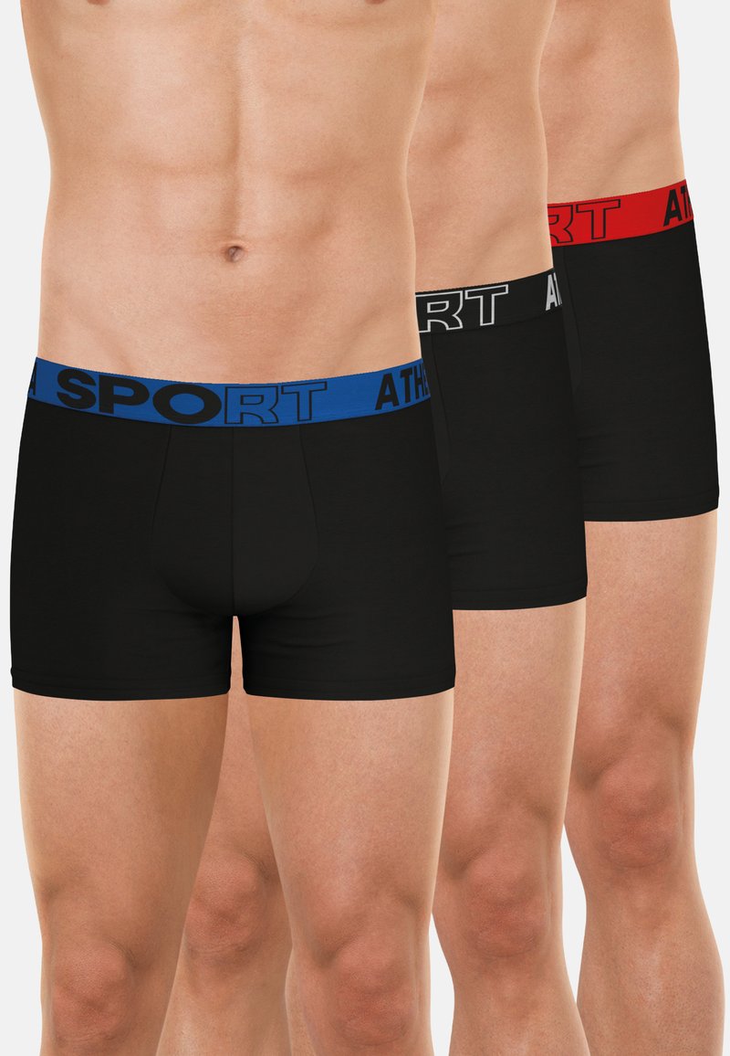Boxers noirs avec ceintures élastiques contrastées en bleu, noir et rouge, arborant le texte "ATH". Design à jambes courtes, tissu lisse.