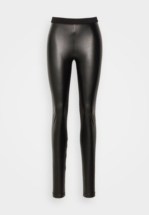 Sorte leggings lavet af skinnende, strækbart materiale. Har en høj talje og et tætsiddende design med ankel-lange hems.