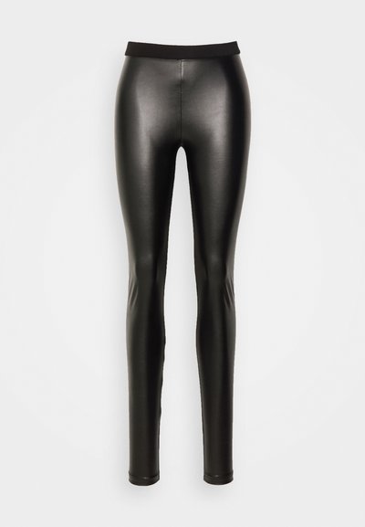 Black leggings made of shiny, stretchy material. Features a high waistband and a slim-fit design with ankle-length hems.
