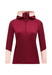 Fleece zip-up jacket in bordeaux met lichtroze accenten. Beschikt over een capuchon, zijzakken en een getailleerd design met een gladde textuur.