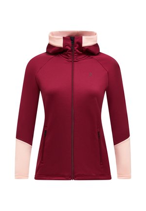 Fleece zip-up jacket in bordeaux met lichtroze accenten. Beschikt over een capuchon, zijzakken en een getailleerd design met een gladde textuur.