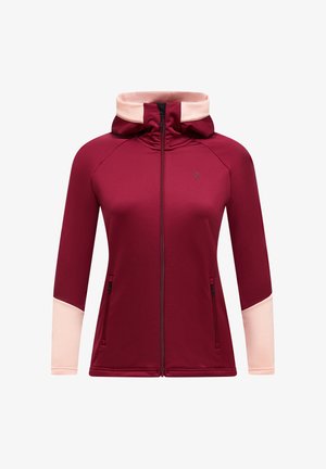 Bordo vilnonis zip-up džempers su šviesiai rožinėmis detalėmis. Turintis kapišoną, šonines kišenes ir prigludusią, sklandžiai tekstūruotą dizainą.