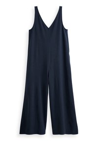Combinaison bleu marine avec un décolleté en V, jambes larges et bretelles ajustables. Fabriquée en tissu doux et léger avec une texture lisse.