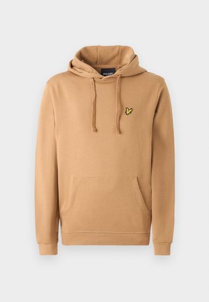 Hooded sweatshirt in light brown cotton, featuring a kangaroo pocket and a yellow embroidered logo on the chest. Adjustable drawstring hood.
