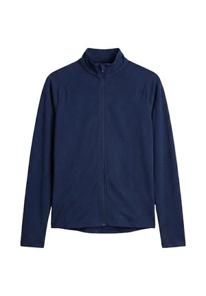 Tummansininen vetoketjullinen fleece-takki, jossa pitkät hihat ja pystyyritys, valkoisella taustalla esitetty.