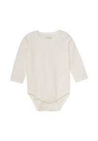 Langærmet bodystocking i blødt cremefarvet stof, med rund halsudskæring og trykknapper i bunden for nem påklædning.