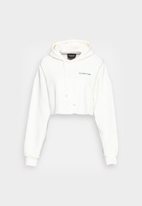 Witte cropped hoodie gemaakt van zachte stof, met een capuchon met trekkoord en "COLOURFUL REBEL" in turquoise op de voorkant. Elastische manchetten.