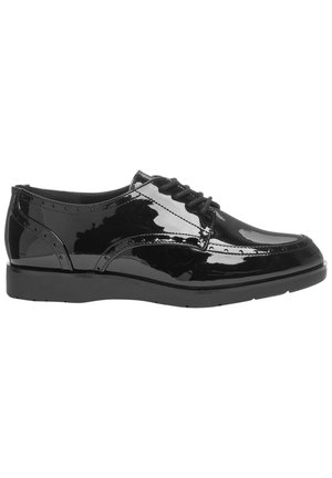 Zapatos negros de charol con cordones, punta redondeada, acabado liso y detalles sutiles de brogue en la parte superior. Suela plana de caucho.