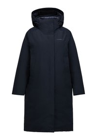 Marineblauwe waterdichte parka met een capuchon, voorzien van een volledige ritssluiting aan de voorkant en elastische manchetten. Gladde buitenkant en een gestroomlijnd, lang ontwerp.