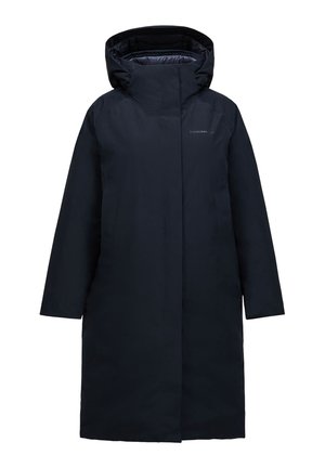 Navy-blauer wasserdichter Parka mit Kapuze, ausgestattet mit einem durchgehenden Reißverschluss und elastischen Bündchen. Glatte Oberfläche und ein schlankes, langes Design.