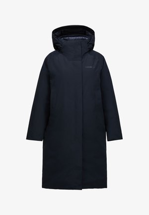 Navy waterproof parka with a hood, featuring a full front zipper and elastic cuffs. Smooth exterior and a streamlined, long design.