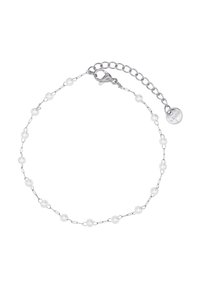 Silberne Kettenarmband mit kleinen weißen Perlen, die gleichmäßig entlang der Länge verteilt sind, mit einem Karabinerverschluss und einer verstellbaren Kettenlänge.