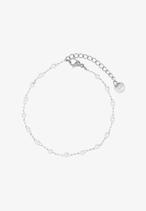 Bracciale in argento con piccole perle bianche distribuite uniformemente lungo la lunghezza, dotato di una chiusura a granchio e catena di lunghezza regolabile.