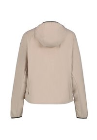 Beige huppari takki, jossa on sileä ja mattapinta. Takana on reikiä ja hihansuissa joustavaa kangasta. Yksinkertainen ja toimiva muotoilu.