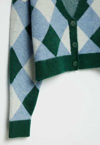 Green, blue, and cream argyle-patterned cardigan made from soft knitted fabric, featuring a v-neck and five green buttons down the front.