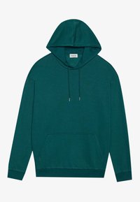 Hooded sweatshirt in deep teal, featuring a kangaroo pocket, adjustable drawstrings, and ribbed cuffs. Made of soft fabric with a smooth texture.