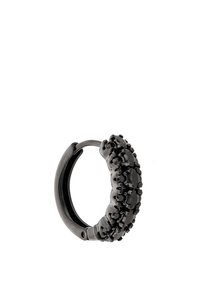 Černý oválný prsten s texturovaným designem a zaoblenými akcenty a shlukovými detaily. Vyrobeno z kovu s lesklým povrchem.