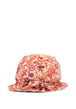 Cappello a secchiello in tessuto morbido con motivo floreale rosa, rosso e arancione e fiocco di nastro rosa annodato alla base della tesa.