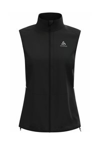 Schwarze ärmellose Weste mit hohem Kragen, Frontreißverschluss, Logo oben links, glattes Gewebe und subtile seitliche Akzente.
