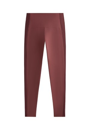 Legice z visokim pasom, tesno prilegajoče se, v globoki bordo barvi, z reliefnimi stranskimi paneli za več podrobnosti in prožnost.