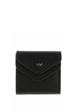 Compact black leather wallet with stitched edges and a small metallic horned emblem on the front flap closure.