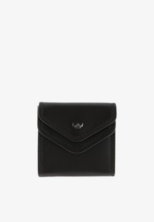 Portefeuille compact en cuir noir avec bords cousus et petit emblème métallique à cornes sur le rabat avant.