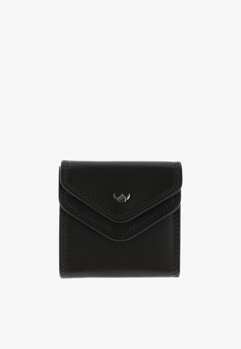 Portefeuille compact en cuir noir avec bords cousus et petit emblème métallique à cornes sur le rabat avant.