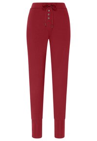 Rode katoenen joggers met elastische tailleband, trekkoord, vier knopen en manchetlovertjes. Smooth textuur en aansluitend ontwerp.