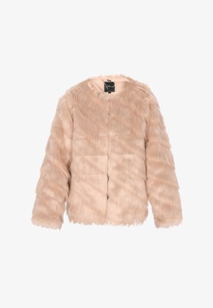 Faux-Fur-Jacke, hellrosa Farbe, runder Halsausschnitt, lange Ärmel, strukturierte Oberfläche, Knöpfe vorn, weiches Material.