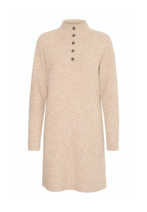 Beige pletené šaty s vysokým golierom, s gombíkovou légou na prednej strane a dlhými rukávmi. Mäkká textúra a uvoľnený strih.