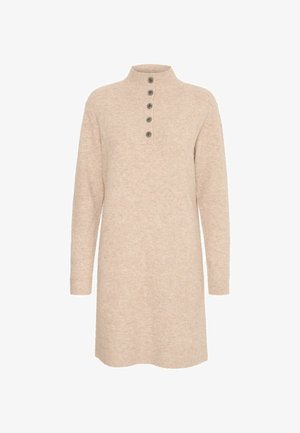 Beige kötött ruha magas gallérral, elöl gombos záródással és hosszú ujjal. Puha tapintású és lazán illeszkedő fazon.